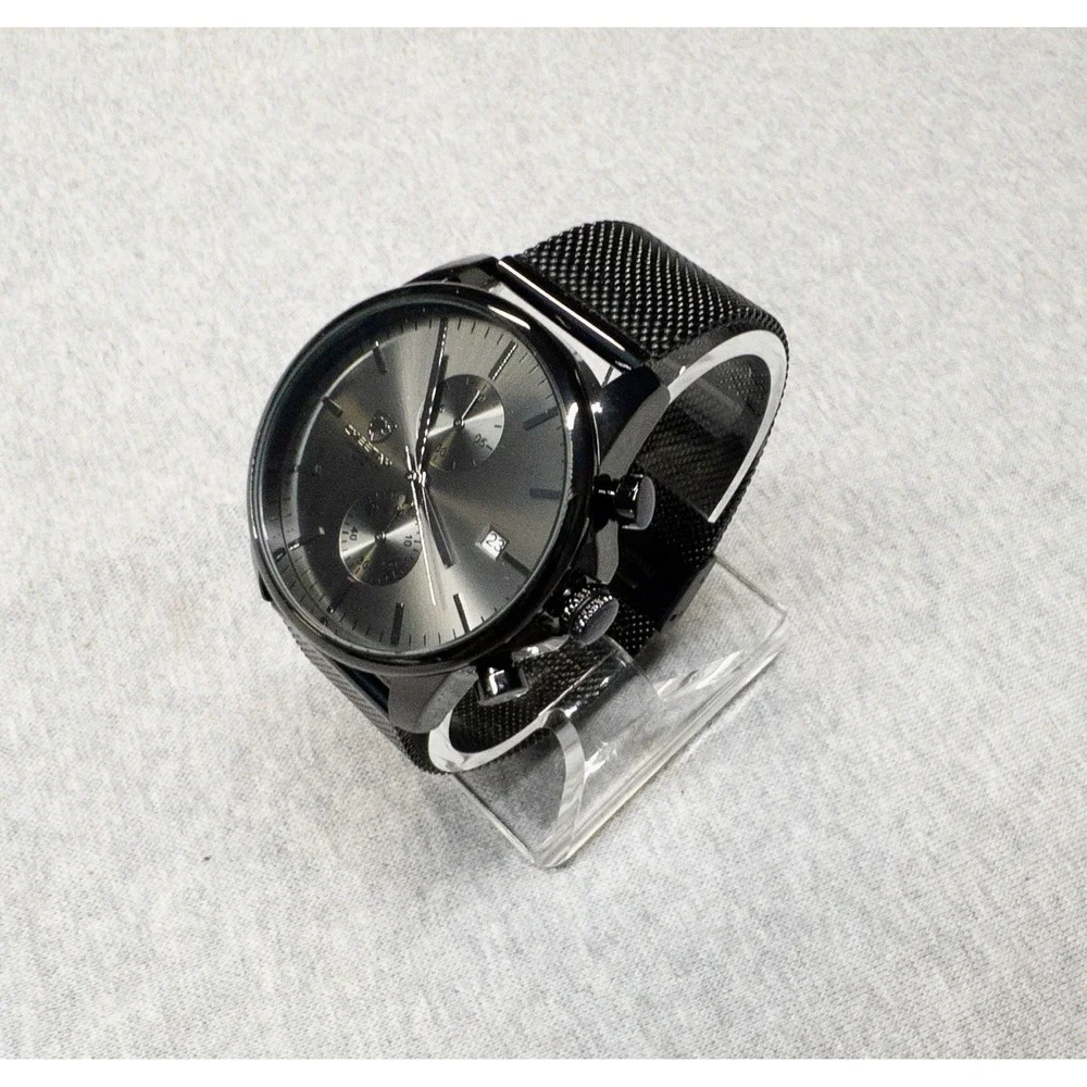 NIB Cheetah CH-1604 Mens Sport Black Mesh Stainless Steel Chronograph Watch 42mm